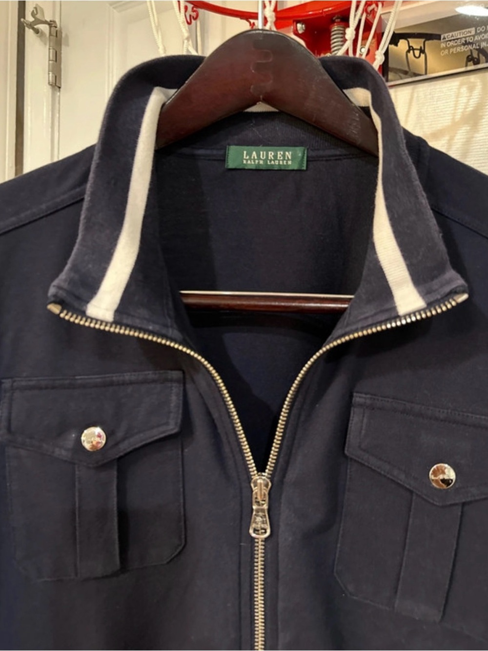Lauren Ralph Lauren Navy Zip-Front Shirt Jacket with Contrast Collar Stripe